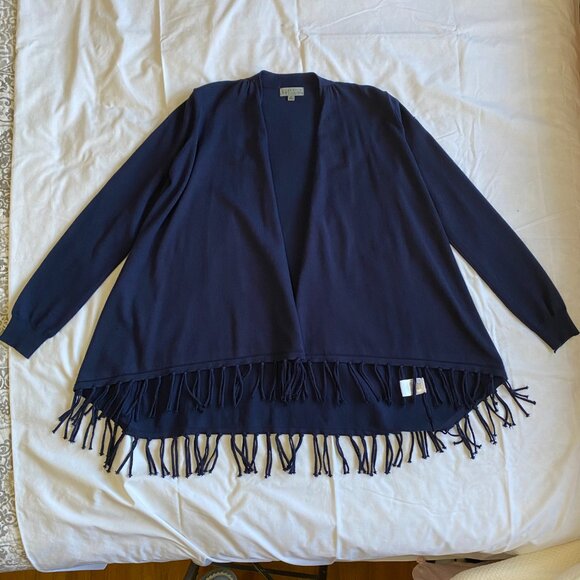 JOSEPH A. Navy Blue Rayon Fringe Hem Open Cardigan High-Low Sweater S - Picture 2 of 15